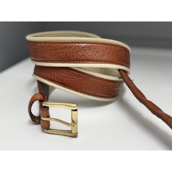 LL Bean Brown Leather Khaki Canvas Fish Embossed Belt Canada Size 44 - Picture 1 of 8